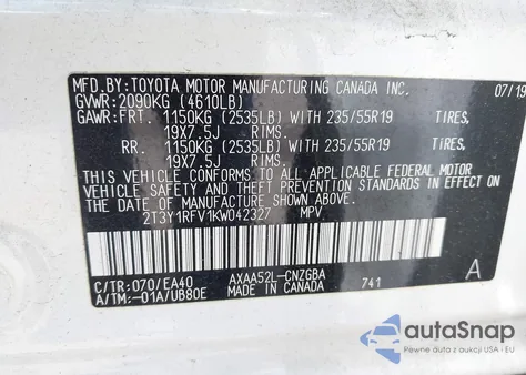 2019 Toyota Rav4 Limited z USA, uszkodzony, nr VIN 2T3Y1RFV1KW042327